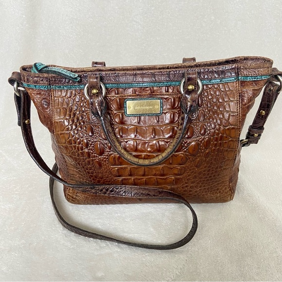 Brahmin Mini Arno Pecan Turquoise Leather Crocodile Handbag Luxury Designer READ